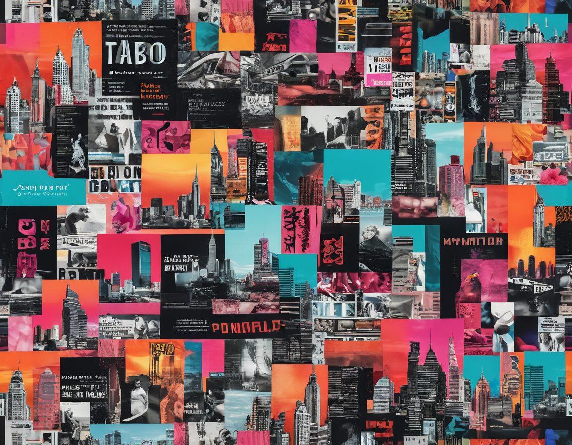 A vibrant collage showcasing the evolution of adult content, featuring diverse themes such as vintage adult magazines, modern adult websites, and artistic interpretations of explicit content. Include abstract representations of taboo and freedom, with a bold color palette blending soft and edgy tones. The background should depict a modern cityscape, symbolizing the transition from traditional to digital culture. Incorporate elements like digital screens, playful icons, and whimsical patterns for a captivating visual narrative. 3D. vibrant colors. abstract art.