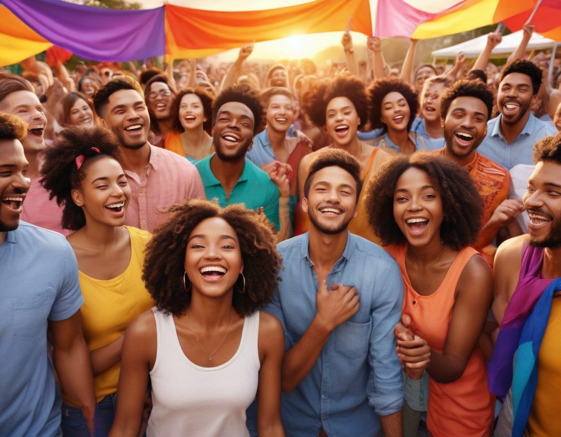 A diverse group of people in an open and celebratory outdoor gathering, surrounded by colorful banners symbolizing sexual expression and freedom. Include elements representing various adult communities, such as art displays, interactive booths, and inclusive symbols. Vibrant and cheerful atmosphere with a sunset backdrop. Emphasize acceptance and joy through body language and facial expressions. super-realistic. vibrant colors. 3D.