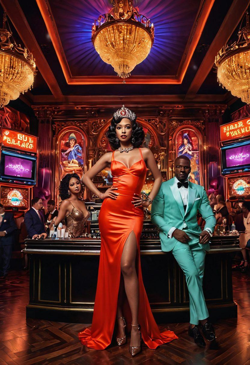 A majestic, artistic representation of diverse performers surrounded by elements symbolizing adult entertainment, such as vintage film reels and neon lights. Include a background that combines elements of a luxurious palace with hints of modern club culture. Use warm, inviting colors that convey a sense of allure and intimacy. Incorporate artistic flair to represent the vibrant community aspects, such as collaboration and empowerment. digital art. rich colors. vibrant atmosphere.